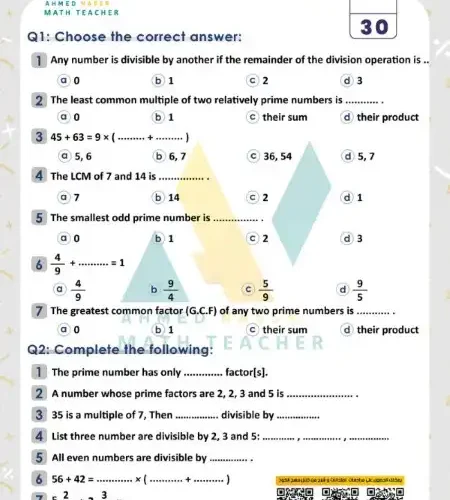 امتحان الوحدة الاولى MATH للصف السادس الابتدائى ترم اول 2025 PDF بالاجابات